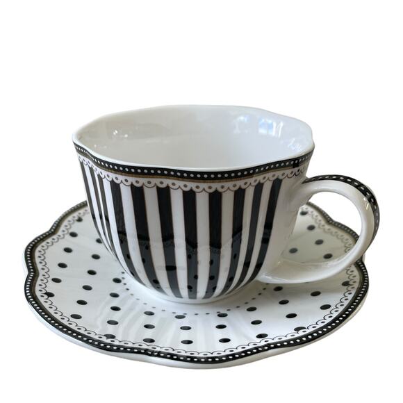 GRACE TEAWARE Black & White Striped Polka Dots Teacup and Saucer Set of 2 New - Picture 5 of 16